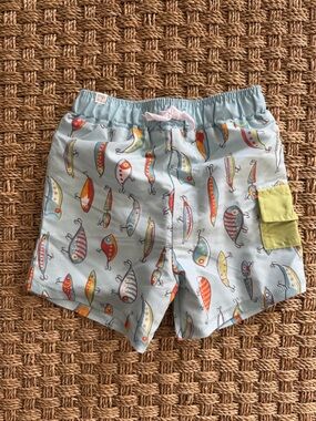 Mud Pie Light Blue Swim Trunks with Colorful Fishing Lure Print 2/3T
